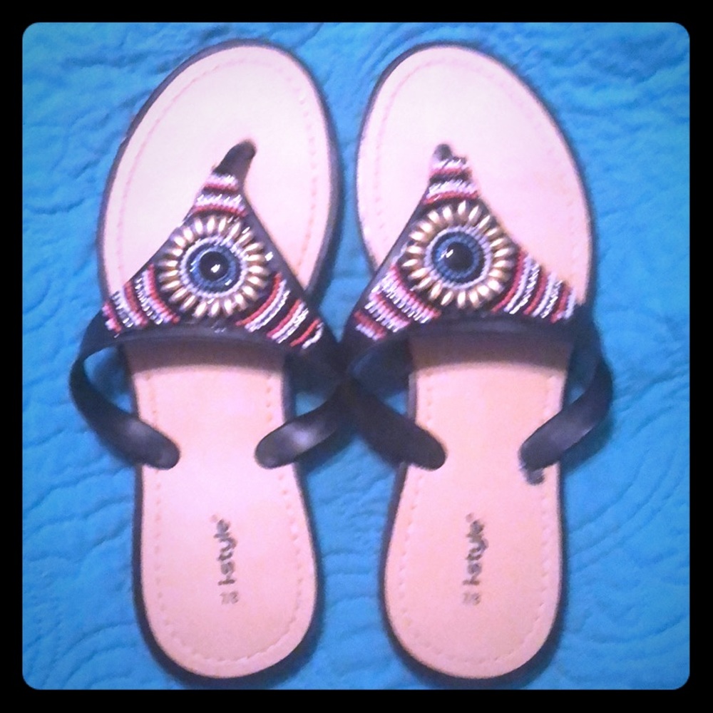 Never worn Aztec embellished flip flops